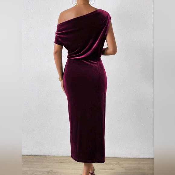New Luxe Velvet Ruched Asymmetrical Neck Midi Dress Burgundy Red Wine - Picture 5 of 8